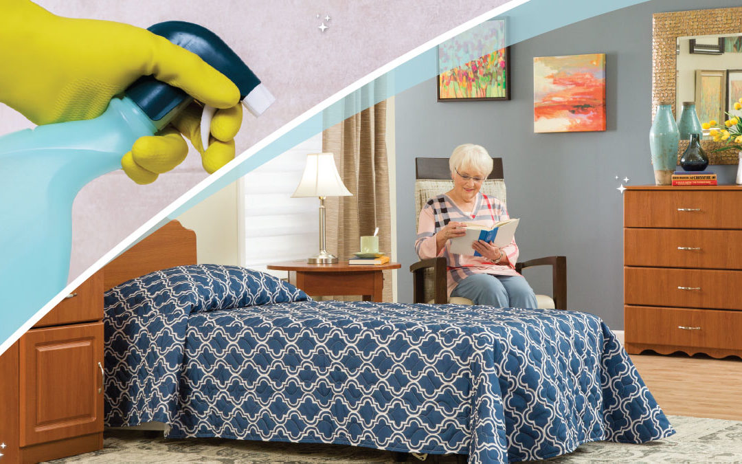 Gloved Hand With Spray Bottle | Elderly Woman Reading in Bedroom