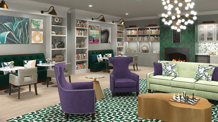 Library Render with green room and purple chairs