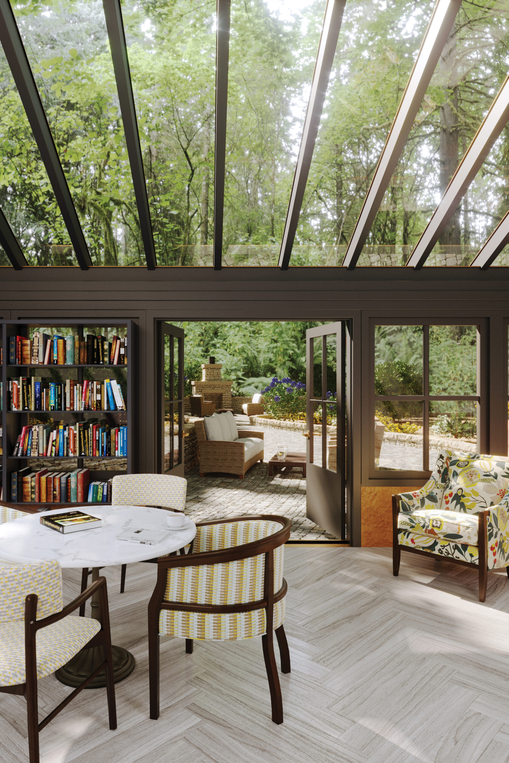 Sun room library with white table and chairs