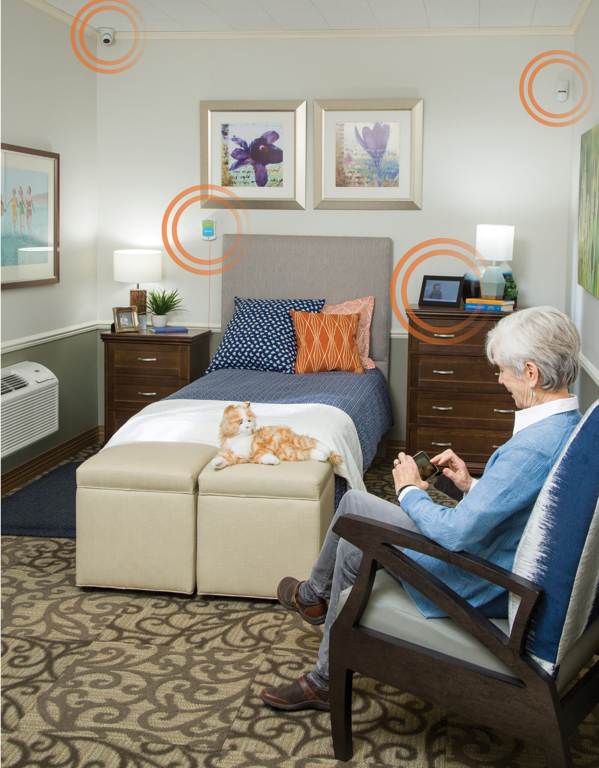 Woman in resident room with tech circles